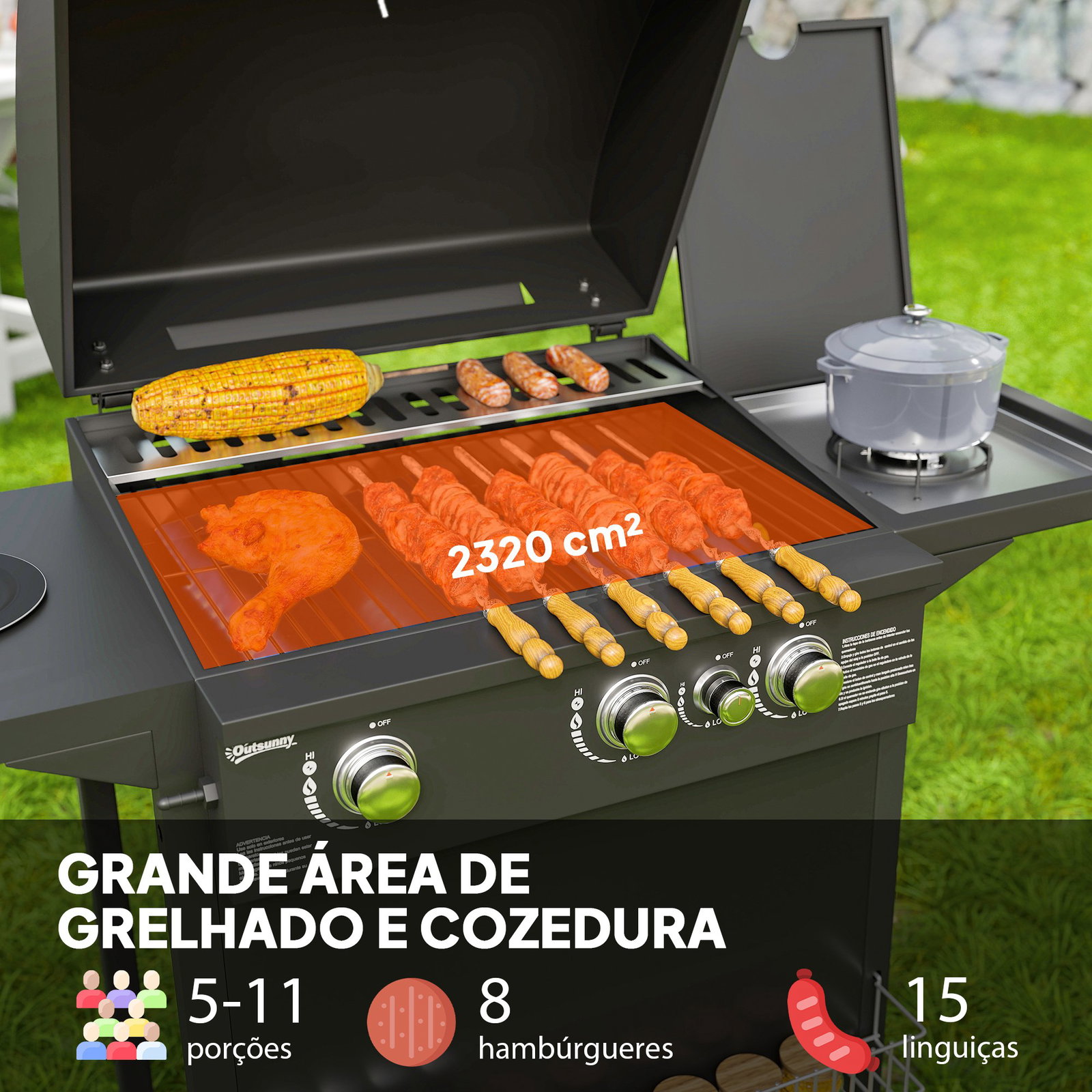 Barbecue a gás com 3+1 queimadores 8,5 kw termómetro mesa lateral grelha recolhedor de gordura 2 rodas 123x57x98 cm preto