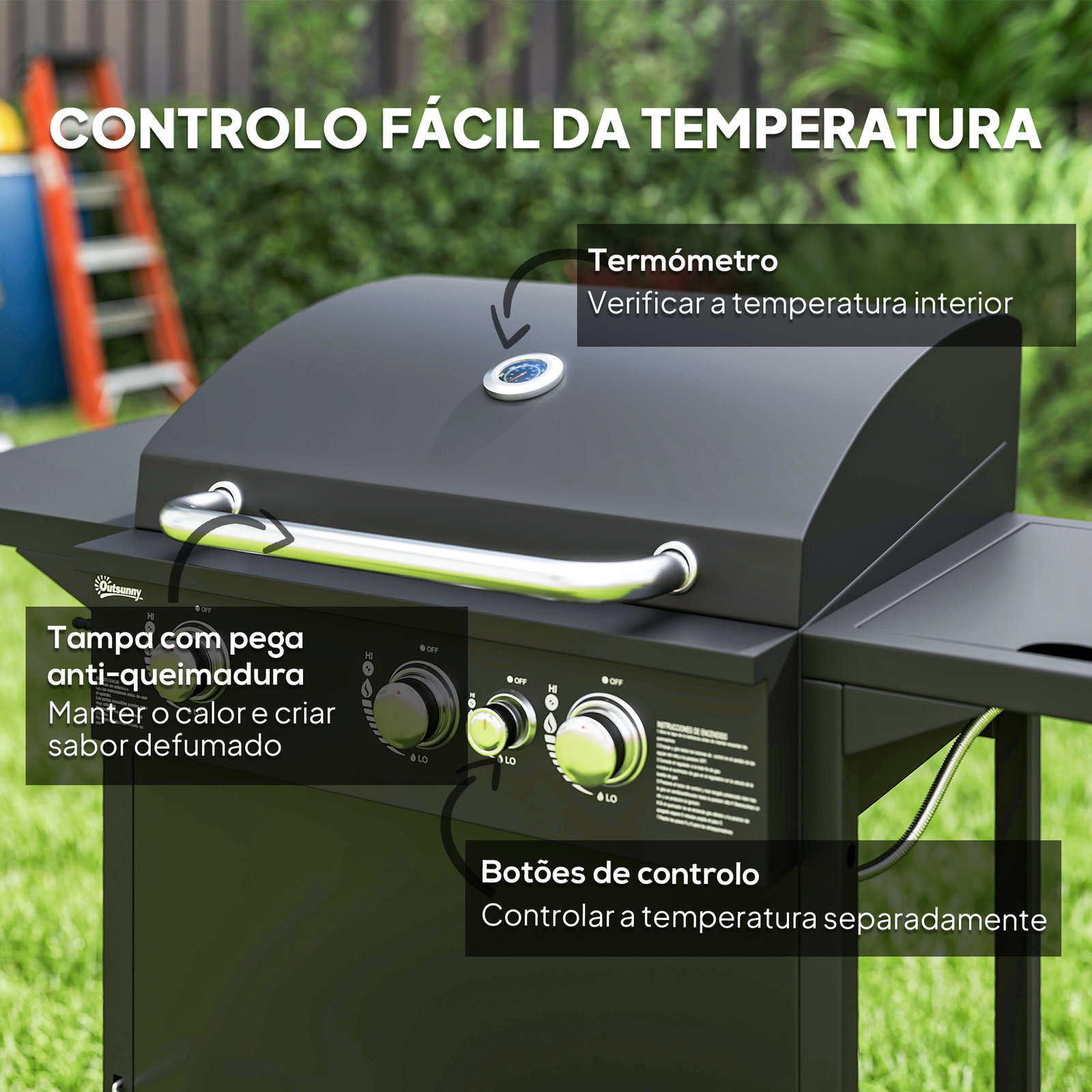 Barbecue a gás com 3+1 queimadores 8,5 kw termómetro mesa lateral grelha recolhedor de gordura 2 rodas 123x57x98 cm preto