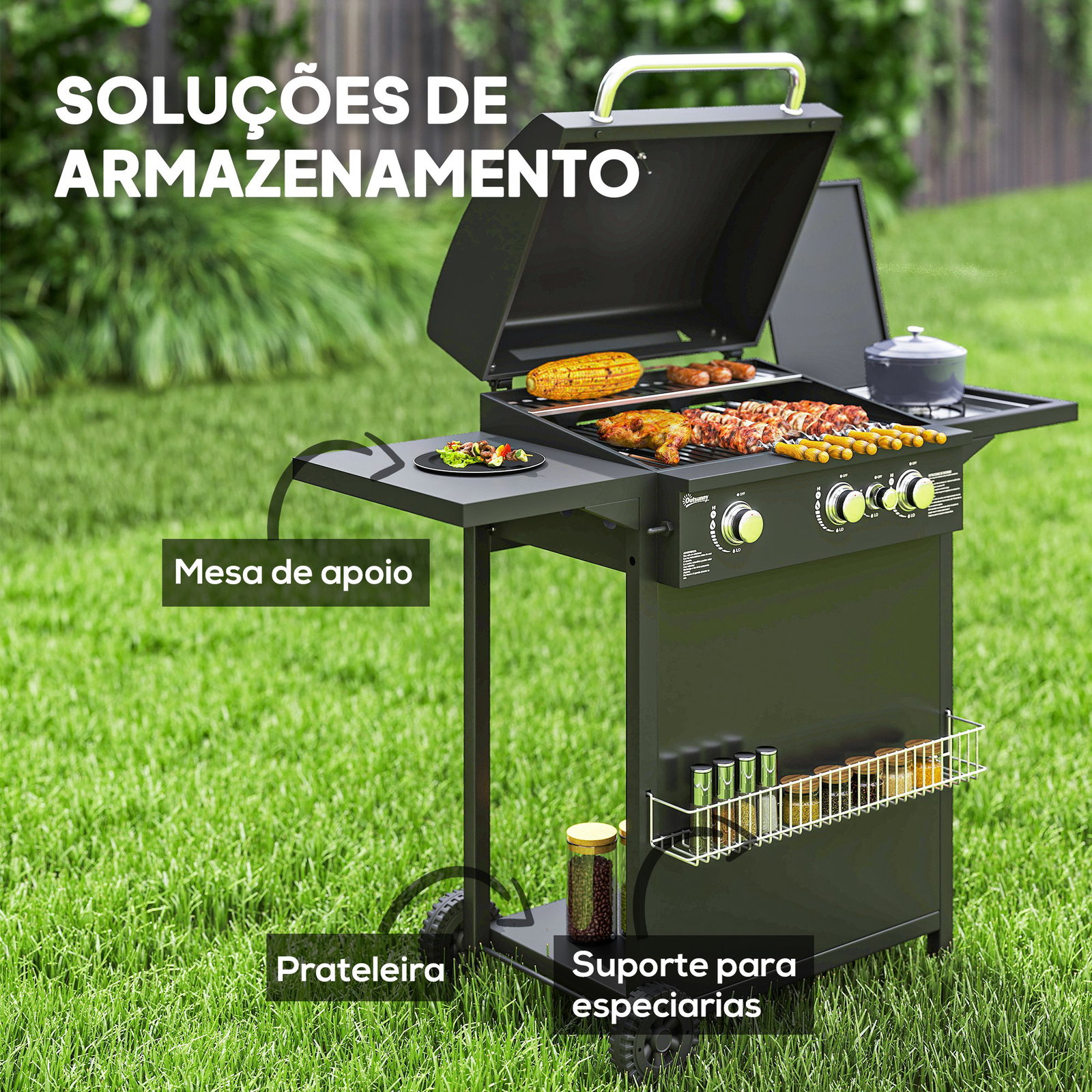 Barbecue a gás com 3+1 queimadores 8,5 kw termómetro mesa lateral grelha recolhedor de gordura 2 rodas 123x57x98 cm preto