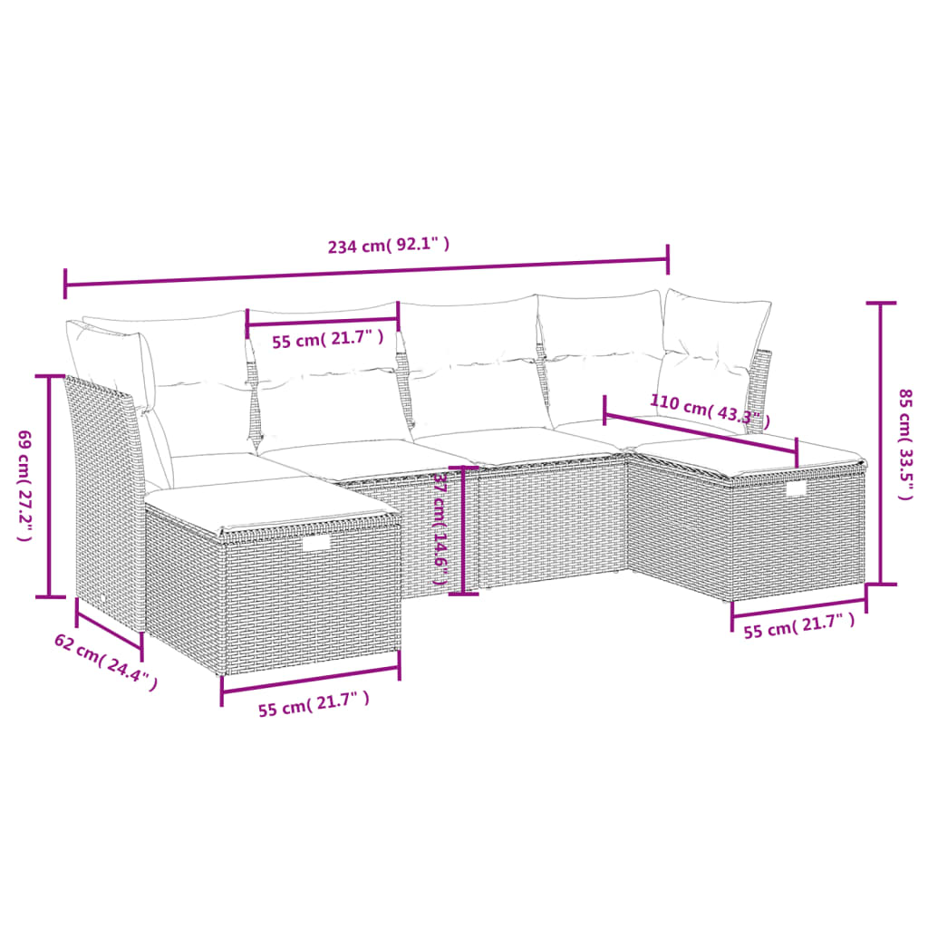 6 Pcs conjunto de sofás p/ jardim com almofadões vime PE bege