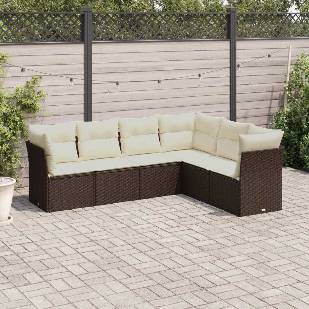 6 Pcs conjunto de sofás jardim c/ almofadões vime PE castanho