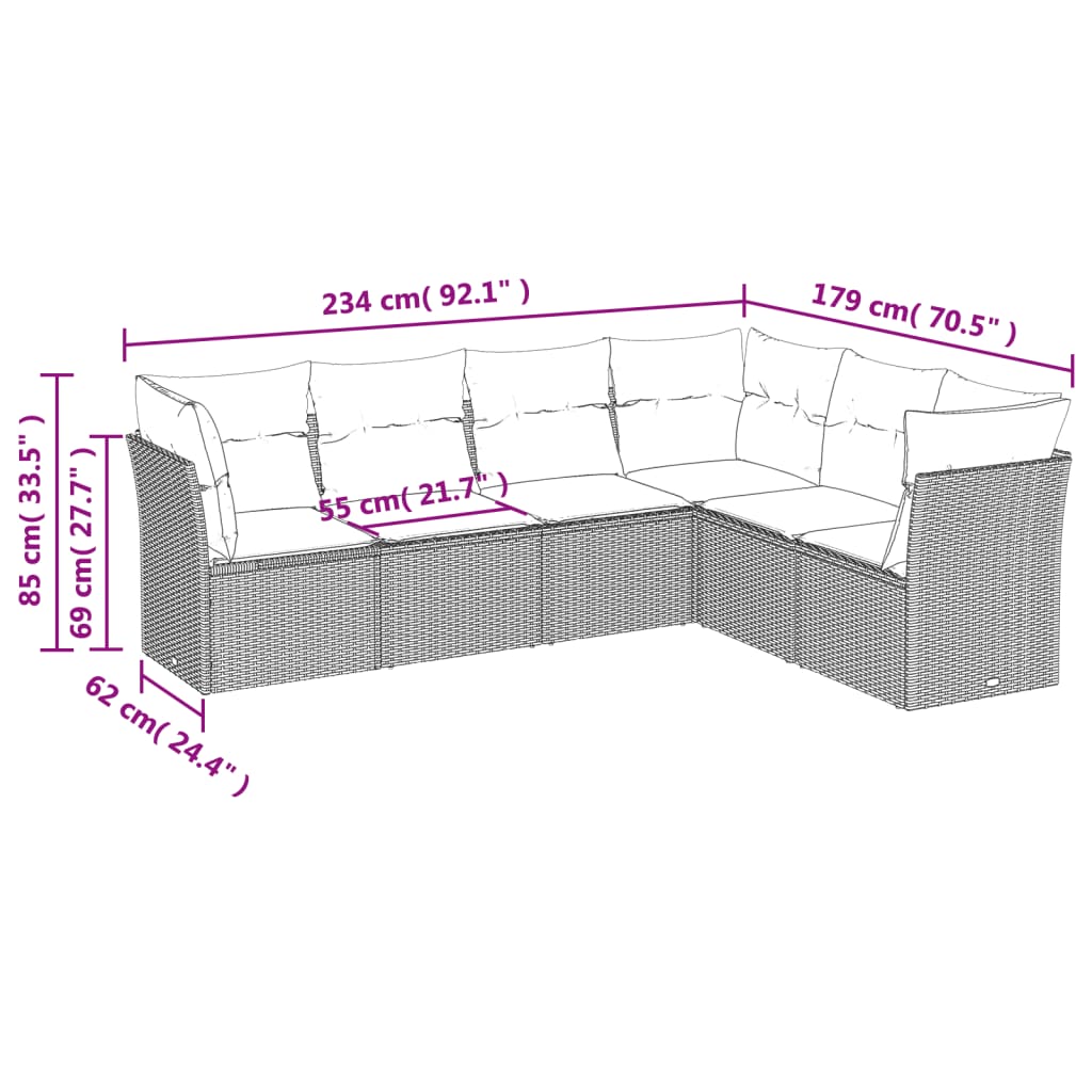6 Pcs conjunto de sofás jardim c/ almofadões vime PE castanho