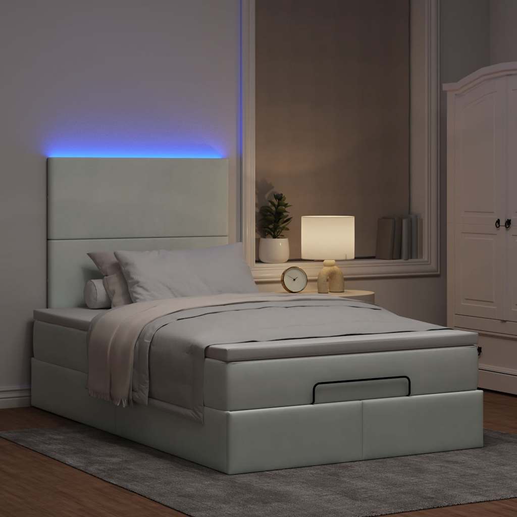 Estrutura de cama otomana com colchões cinza claro veludo