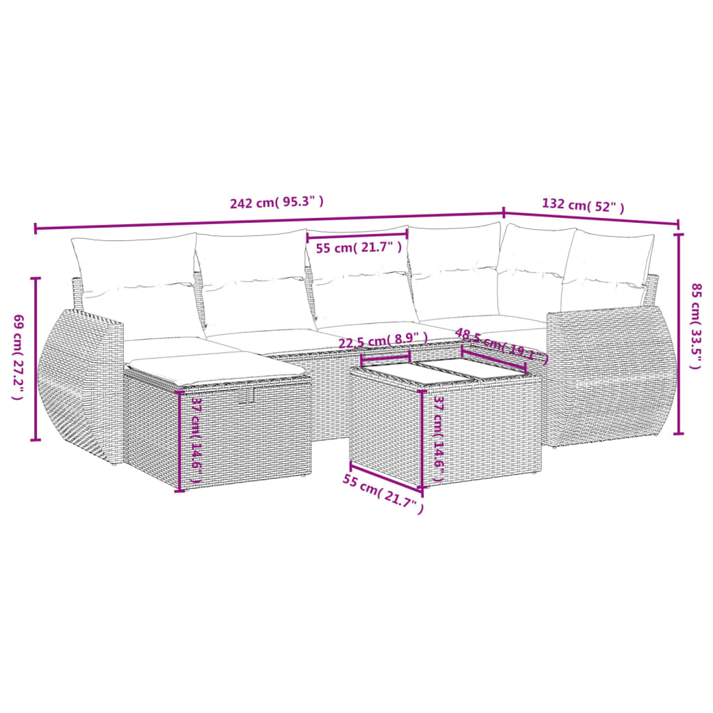 7 Pcs conjunto de sofás p/ jardim com almofadões vime PE bege