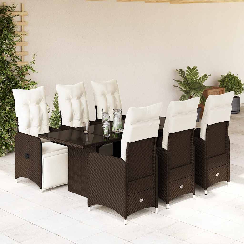 7 Pcs conjunto bistrô de jardim c/ almofadões vime PE castanho