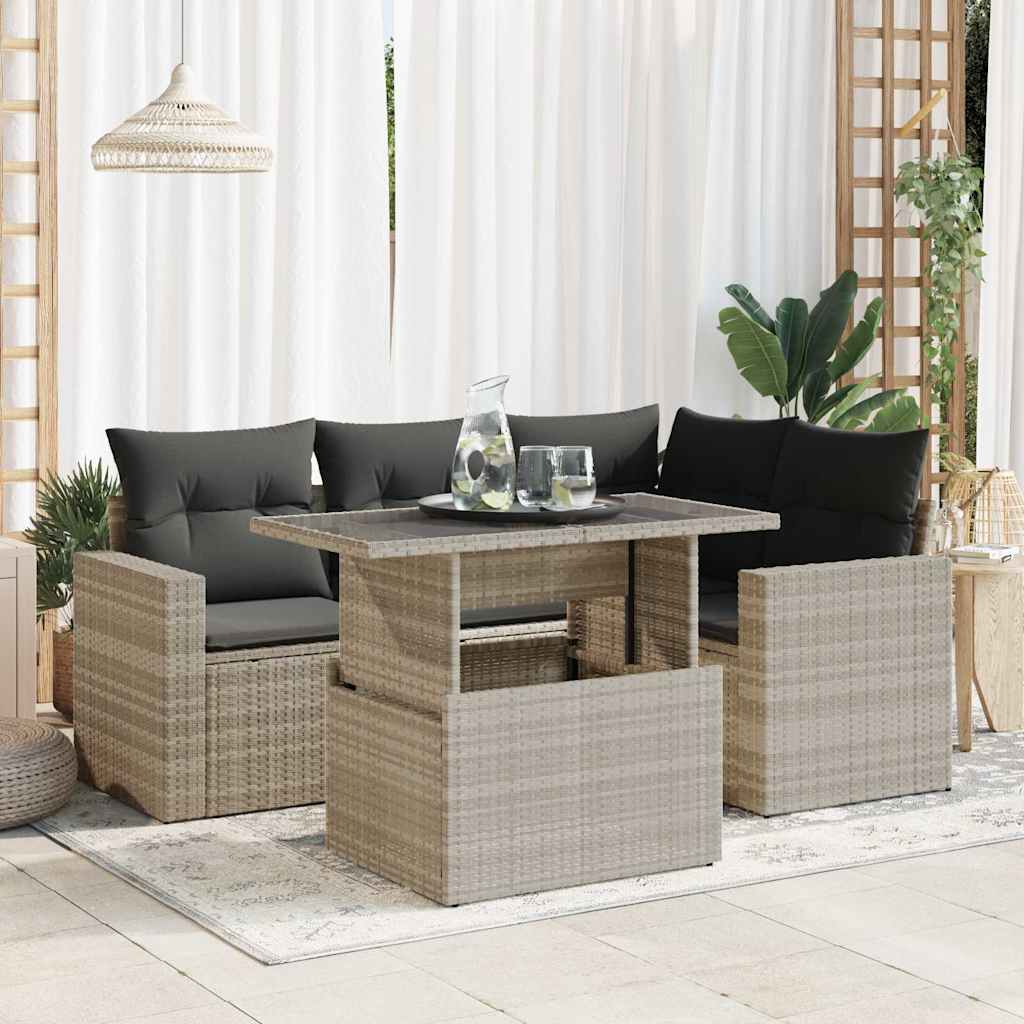 5 Pcs conj. sofás jardim c/ almofadões vime PE cinzento-claro