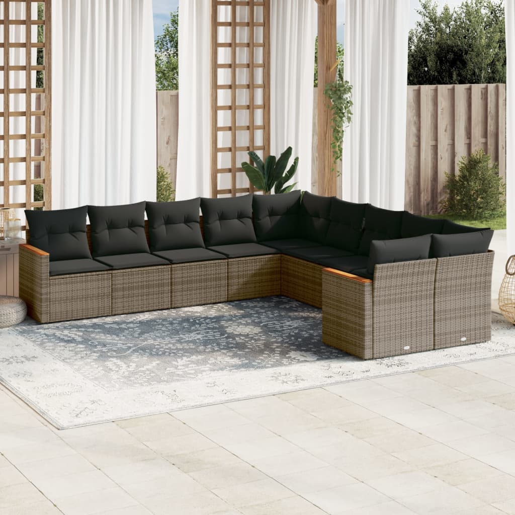 10 Pcs conjunto sofás de jardim c/ almofadões vime PE cinzento