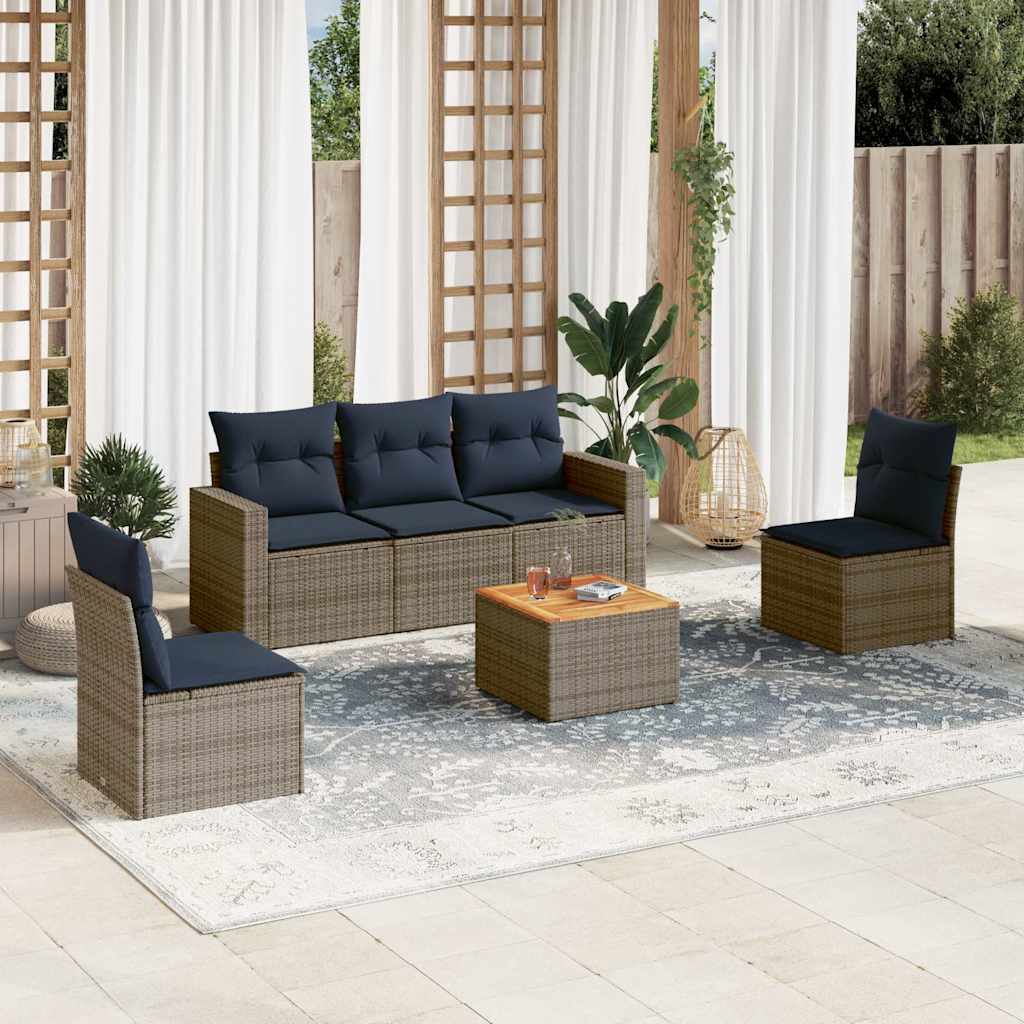 6 Pcs conjunto sofás p/ jardim c/ almofadões vime PE cinzento