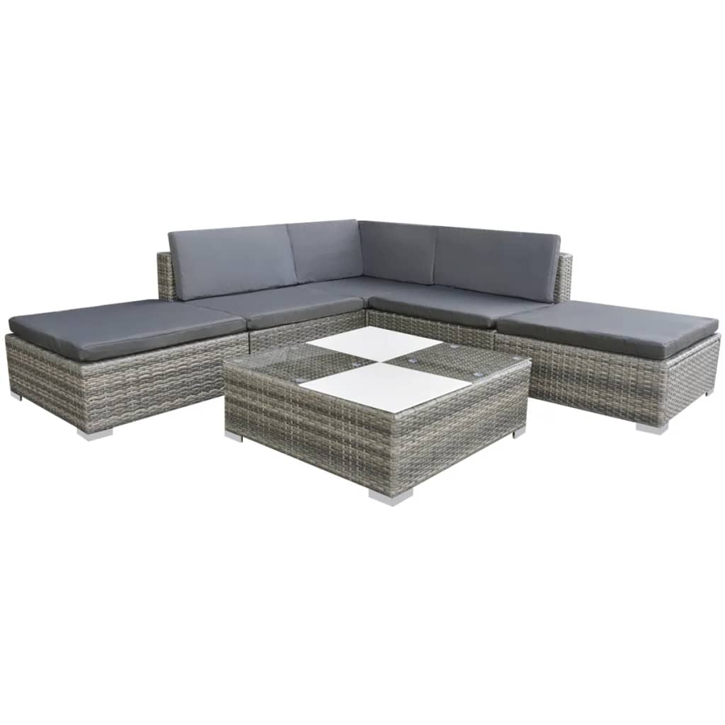 6 Pcs conjunto lounge de jardim c/ almofadões vime PE cinzento