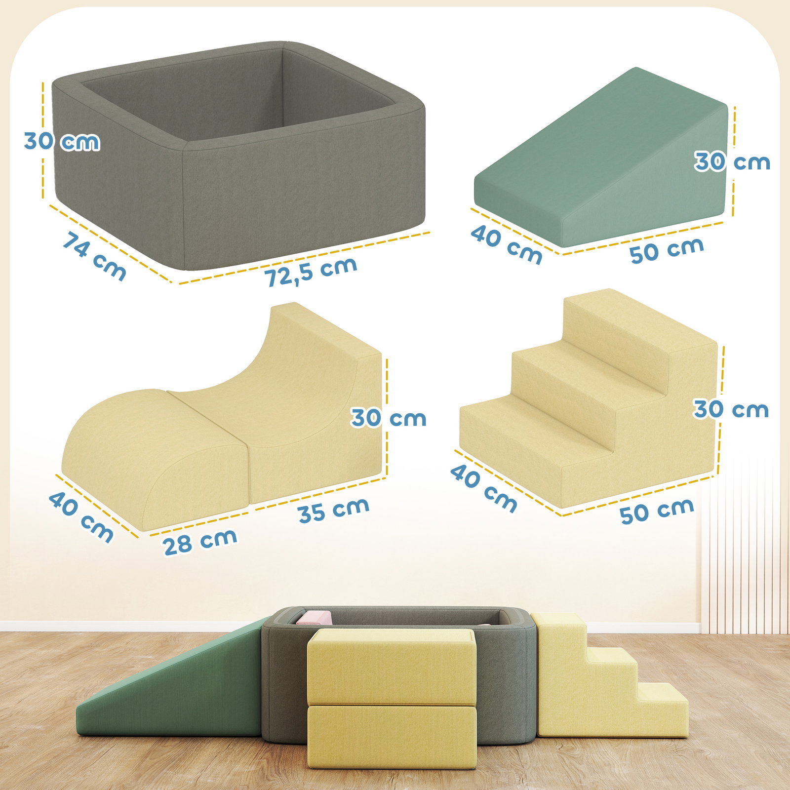 Conjunto de 7 blocos de espuma para crianças blocos de psicomotricidade com capas de veludo laváveis multicolor