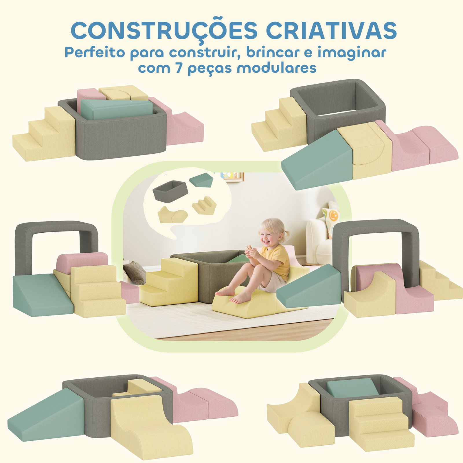 Conjunto de 7 blocos de espuma para crianças blocos de psicomotricidade com capas de veludo laváveis multicolor