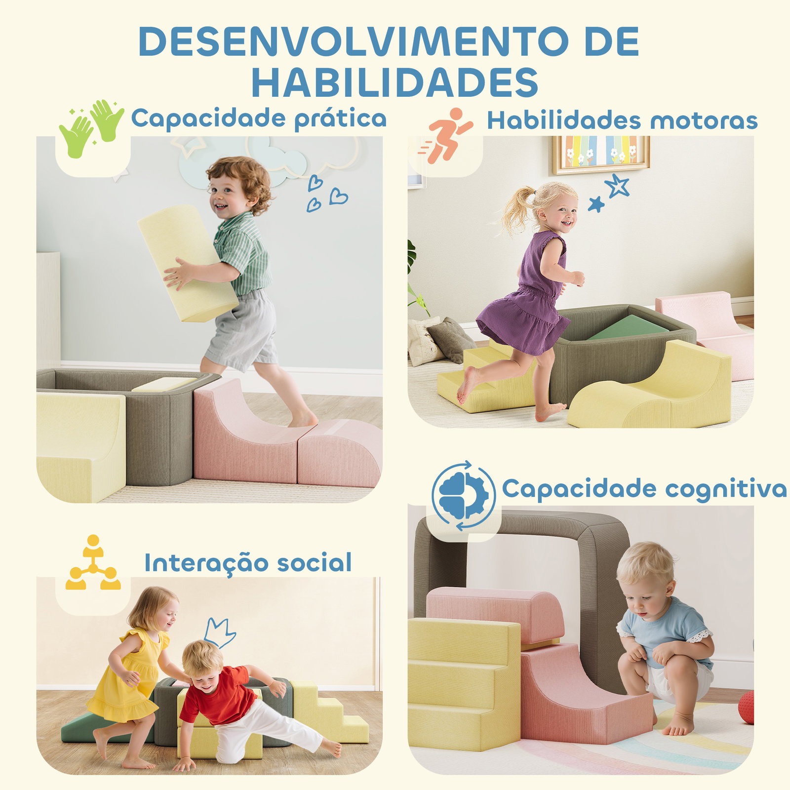 Conjunto de 7 blocos de espuma para crianças blocos de psicomotricidade com capas de veludo laváveis multicolor