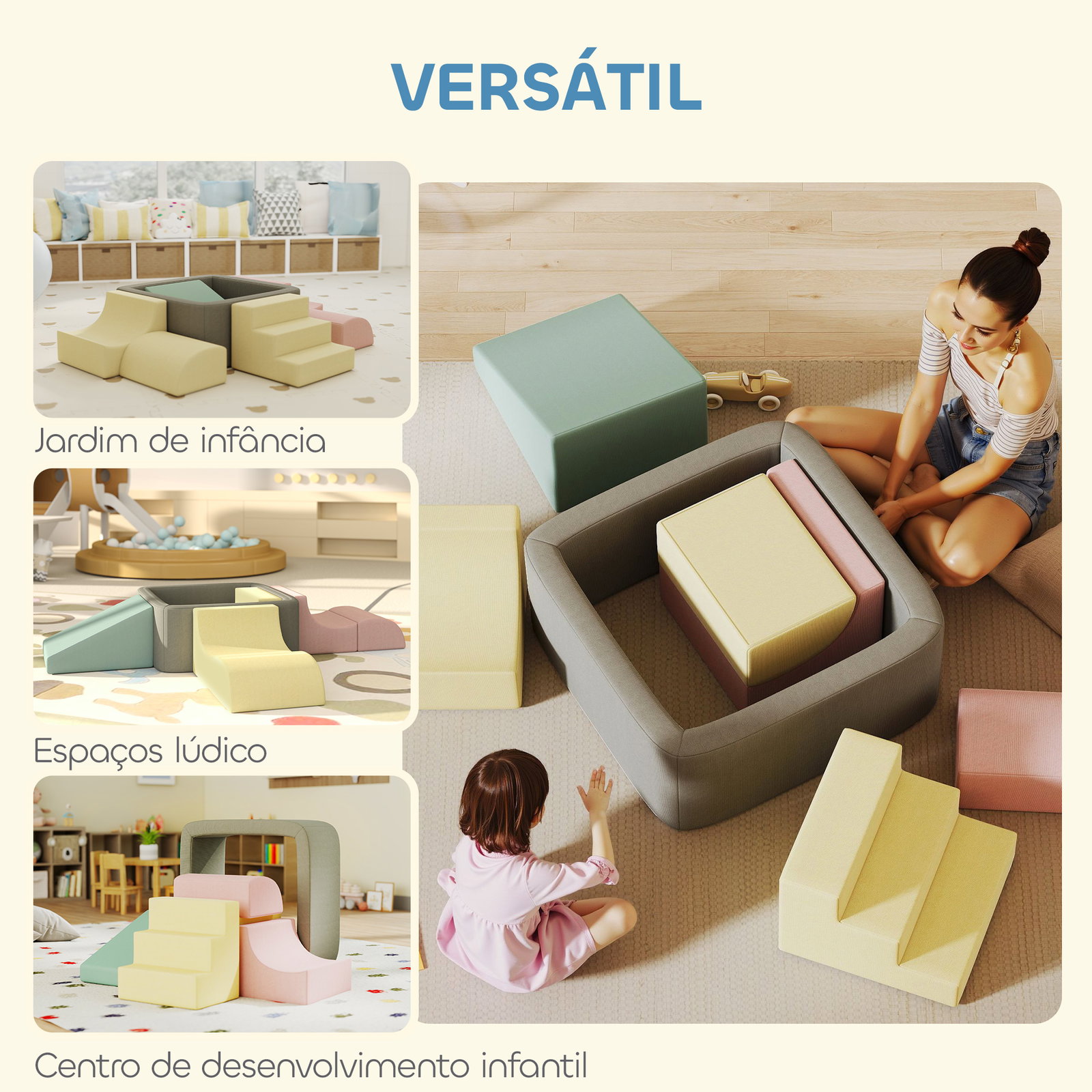 Conjunto de 7 blocos de espuma para crianças blocos de psicomotricidade com capas de veludo laváveis multicolor