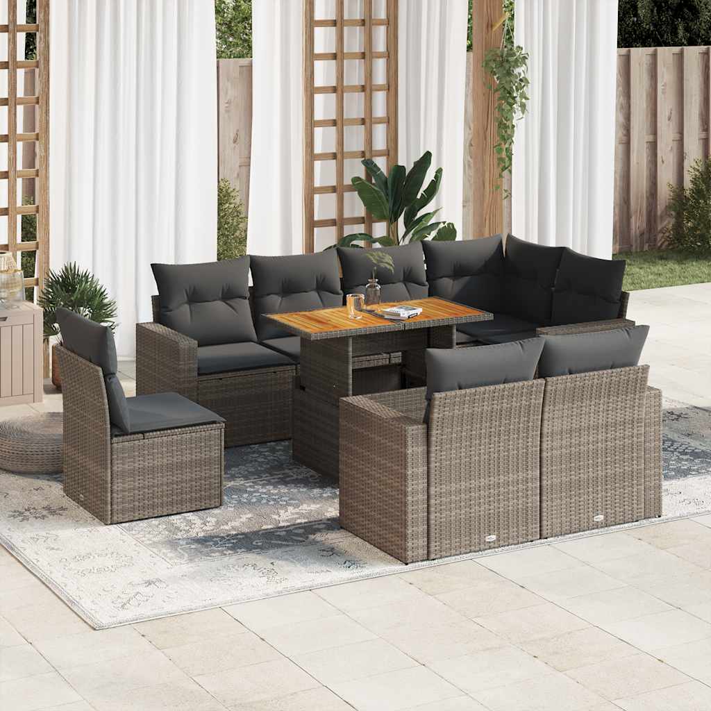 9 Pcs conjunto sofás p/ jardim com almofadões vime PE cinzento