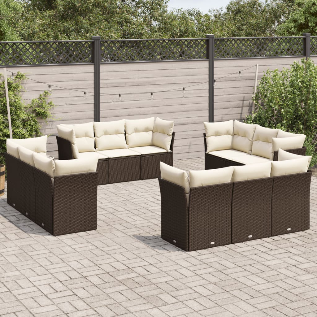 12 Pcs conjunto de sofás jardim com almofadões vime PE castanho