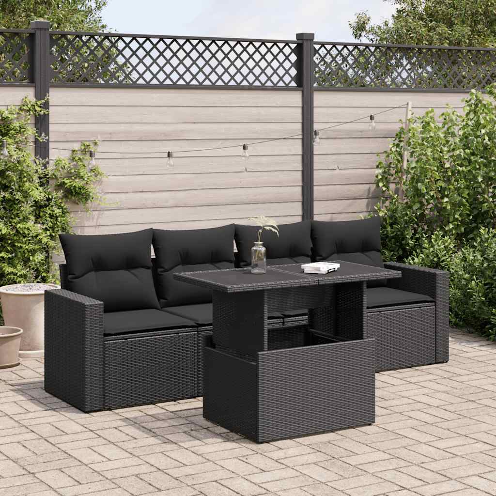 5 Pcs conjunto sofás de jardim com almofadões vime PE preto