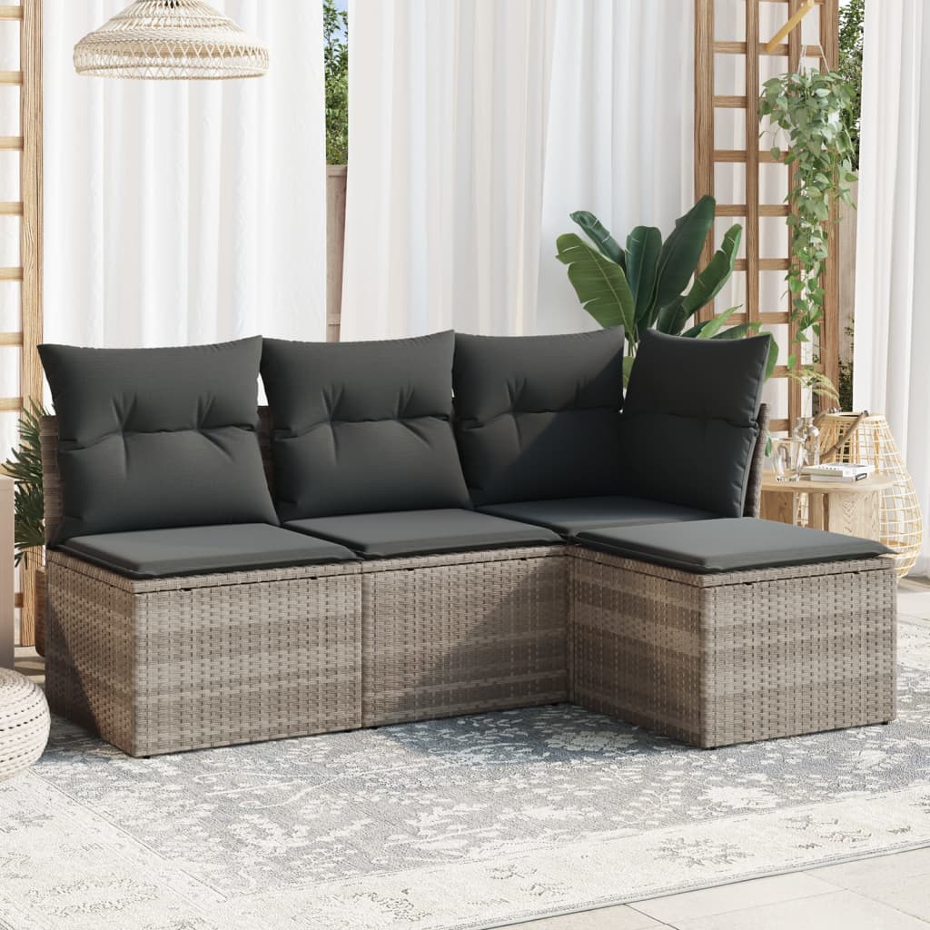 4 Pcs conj. sofás jardim c/ almofadões vime PE cinzento-claro
