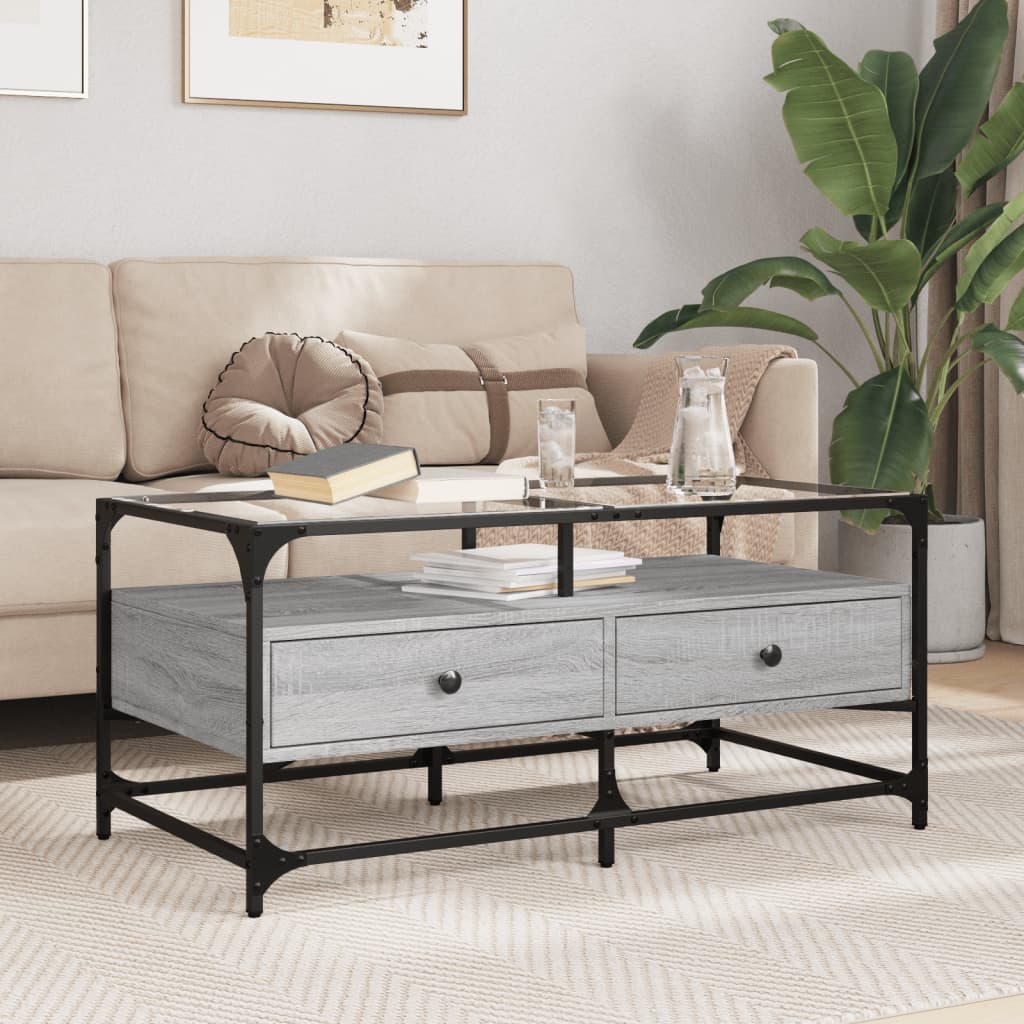 Mesa de centro c/ topo de vidro 98,5x50x45 cm cinza sonoma aço