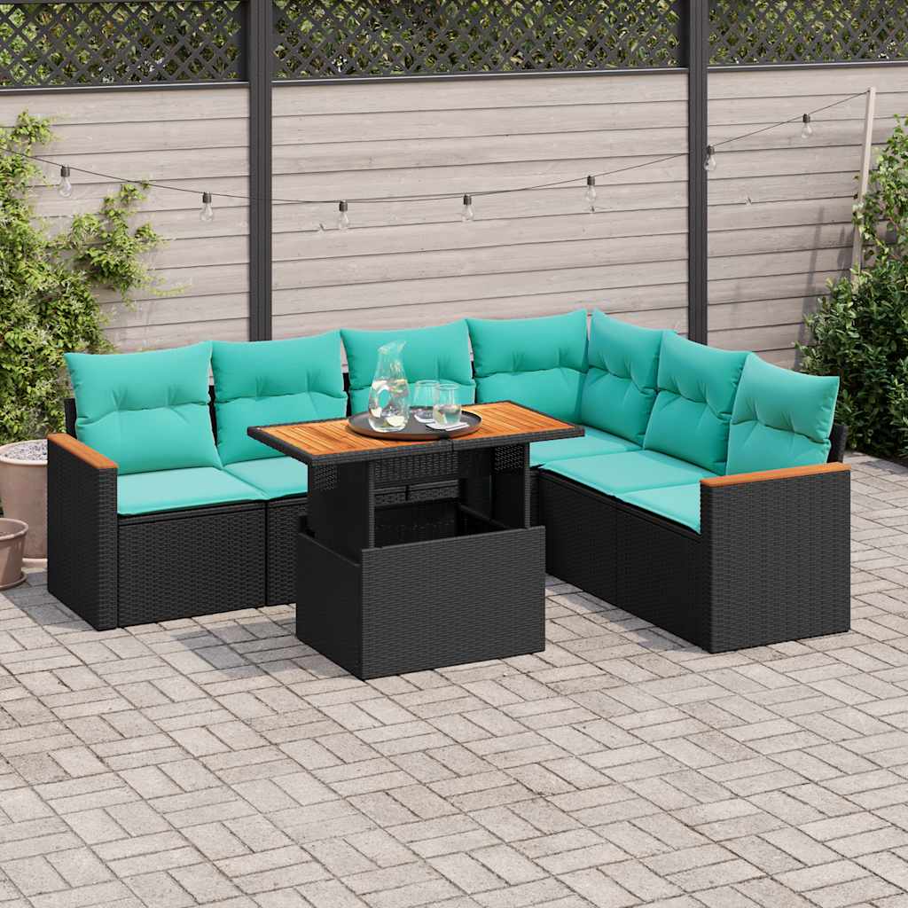 7 Pcs conjunto de sofás p/ jardim c/ almofadões vime PE preto