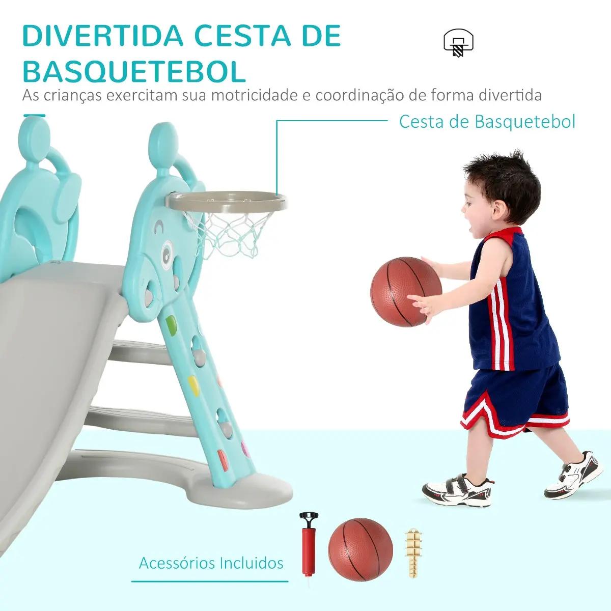 Escorrega Infantil Dobrável com Cesta de Basquetebol para Crianças acima de 18 meses Modelo Girafa para Interiores e Exteriores