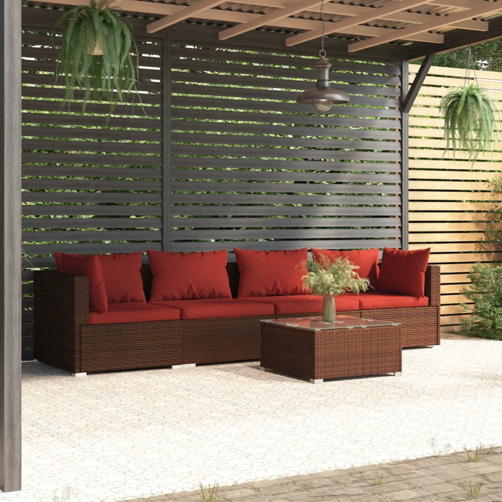 5 Pcs conjunto lounge jardim c/ almofadões vime PE castanho
