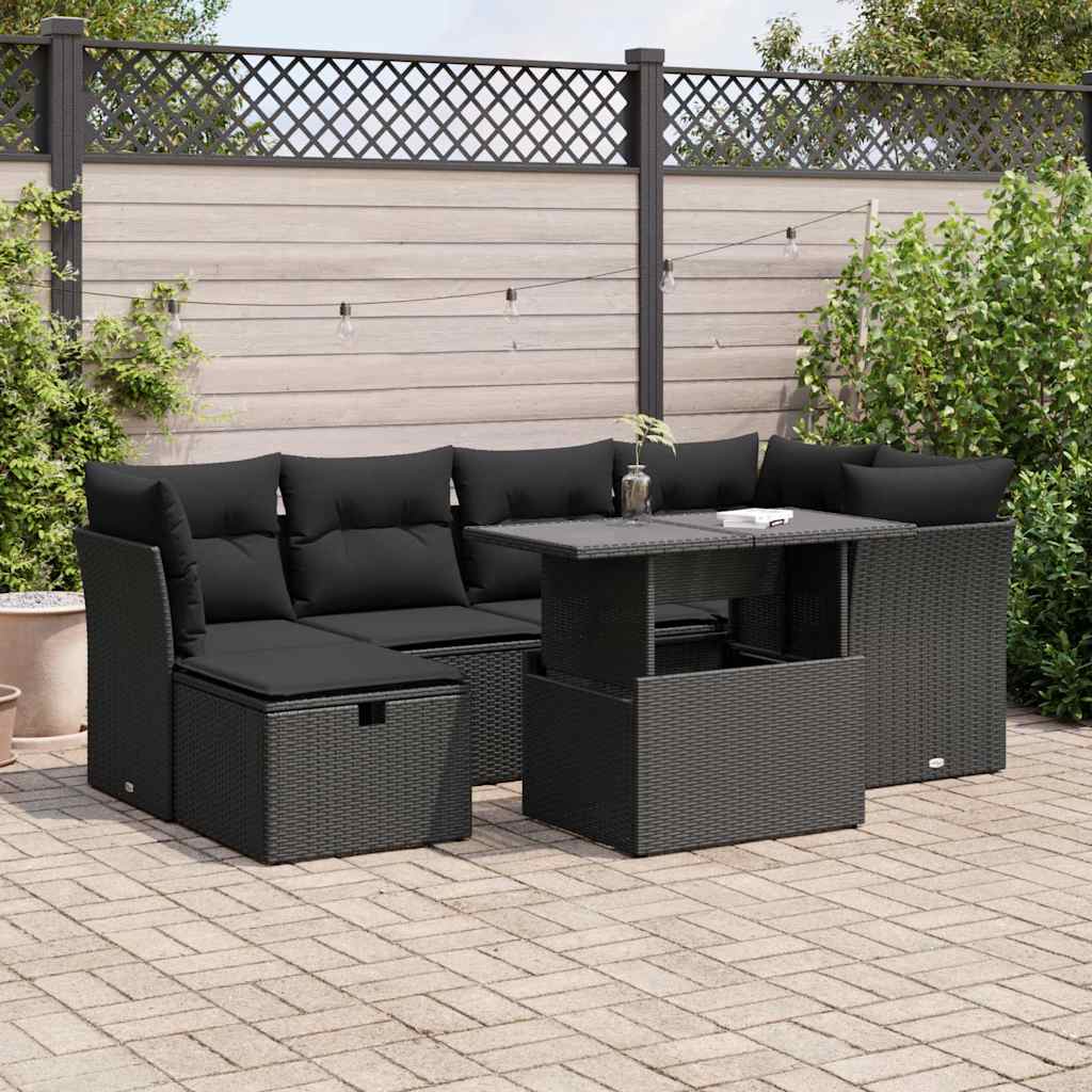 7 Pcs conjunto de sofás p/ jardim c/ almofadões vime PE preto