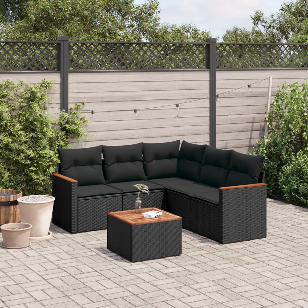 6 Pcs conjunto sofás de jardim c/ almofadões vime PE preto