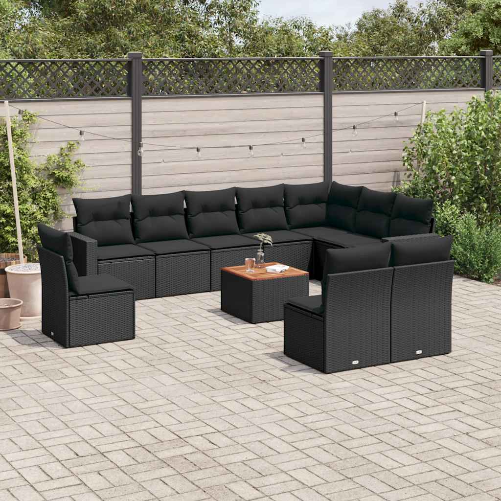11 Pcs conjunto sofás de jardim c/ almofadões vime PE preto