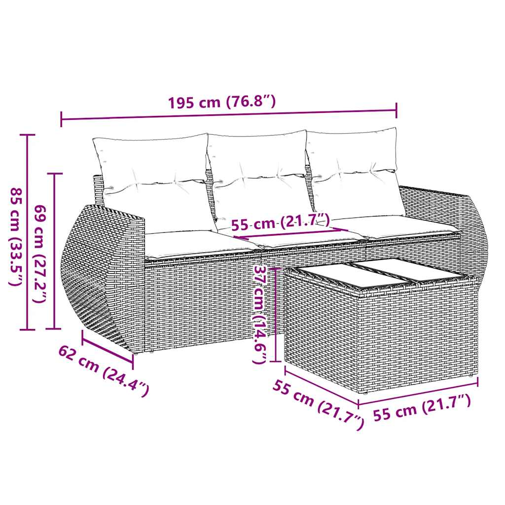 4 Pcs conjunto de sofás para jardim c/ almofadões vime PE preto