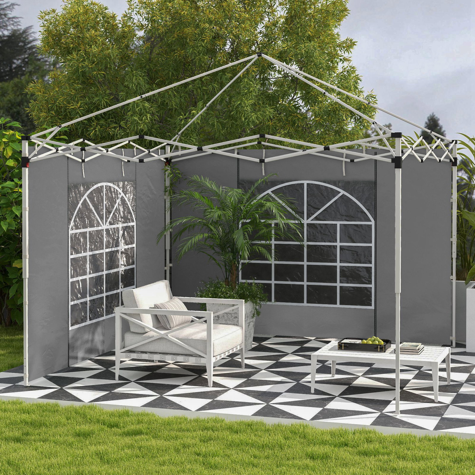 2 Paredes laterais para tenda 300x200 cm com janela enrolável e porta com fecho para tendas 3x3 m ou 3x6 m cinzento