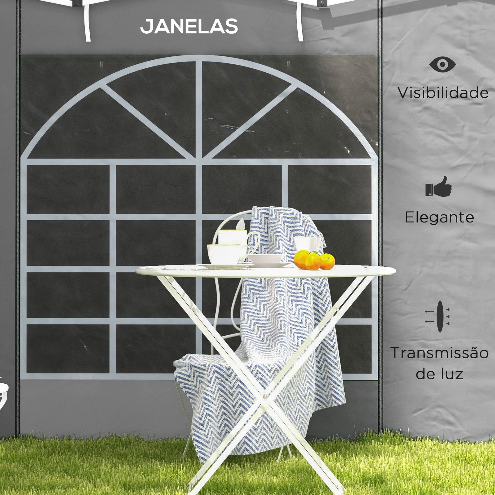 2 Paredes laterais para tenda 300x200 cm com janela enrolável e porta com fecho para tendas 3x3 m ou 3x6 m cinzento