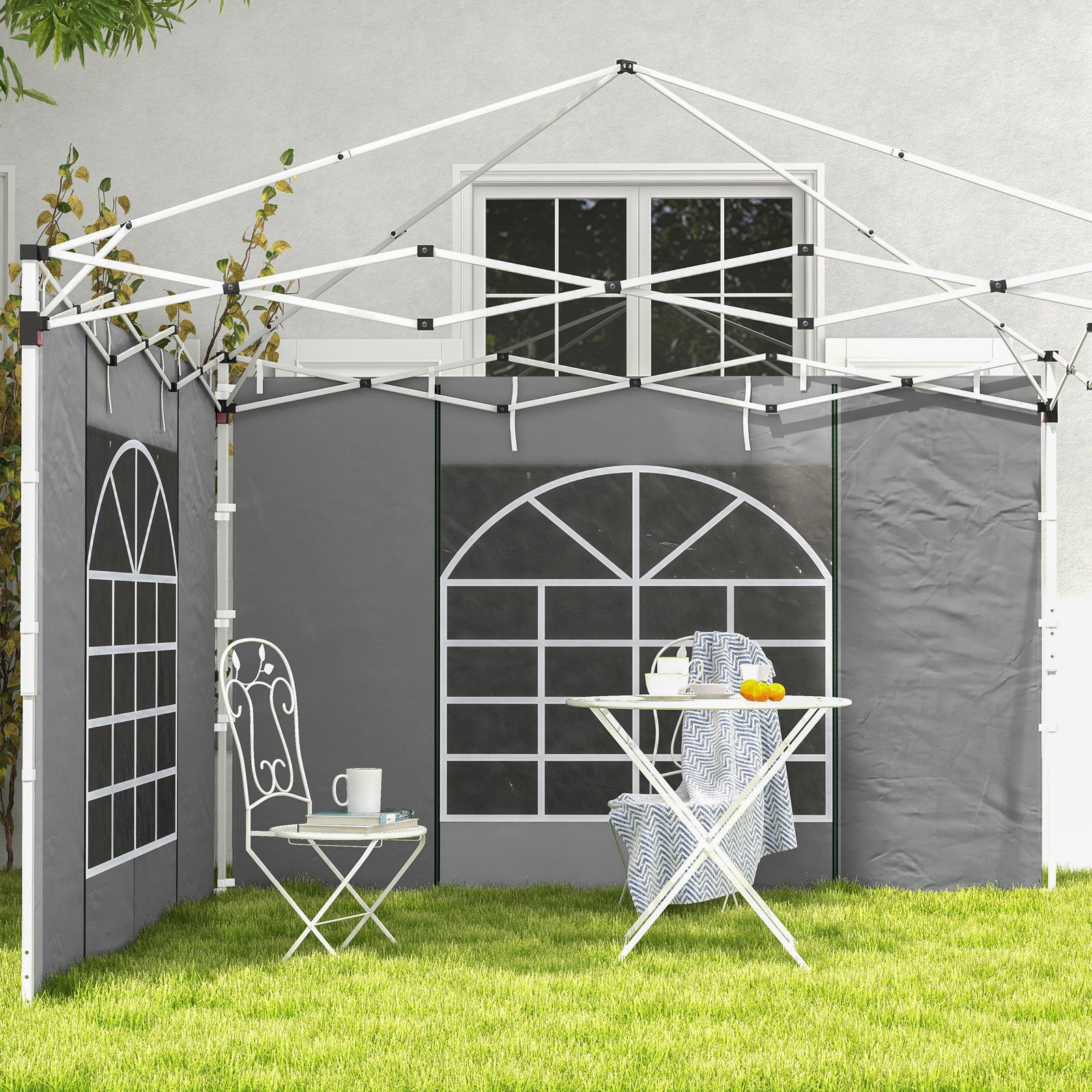 2 Paredes laterais para tenda 300x200 cm com janela enrolável e porta com fecho para tendas 3x3 m ou 3x6 m cinzento