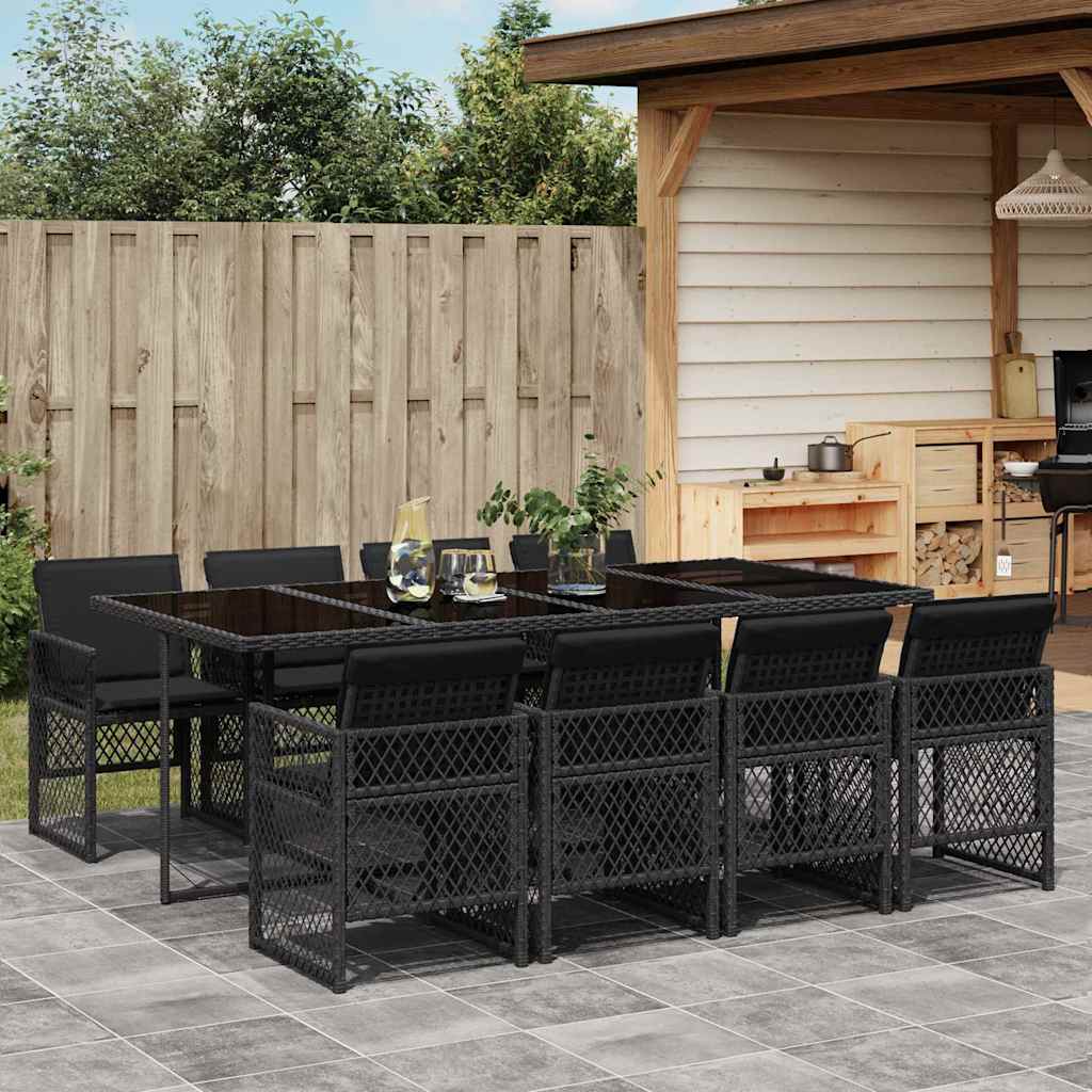 9 Pcs conjunto de jantar p/ jardim c/ almofadões vime PE preto
