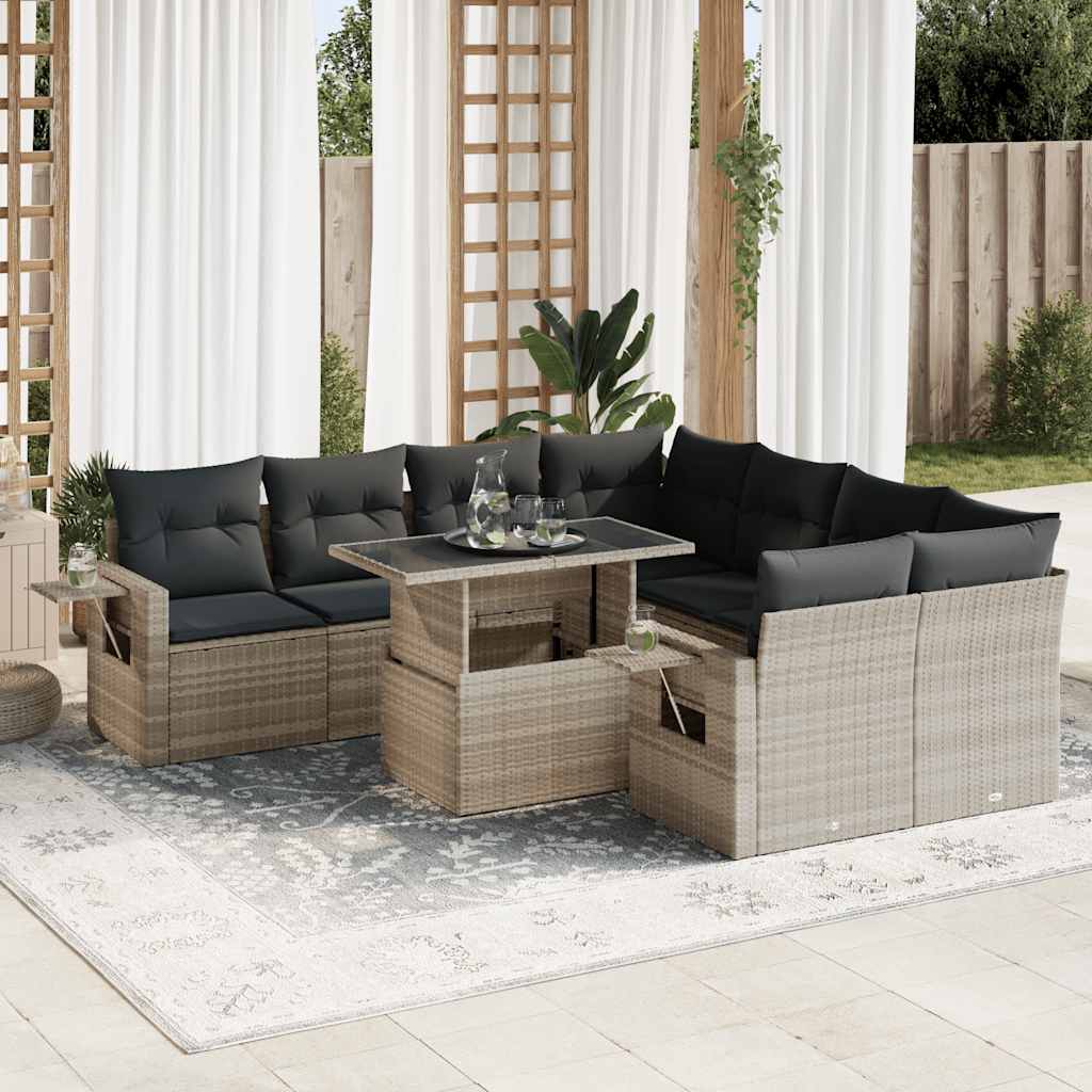 9 Pcs conj. sofás jardim com almofadões vime PE cinzento-claro