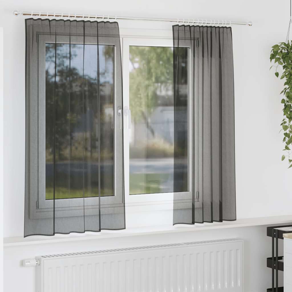 Cortinas de voile com bolsos para varão 2 pcs preto