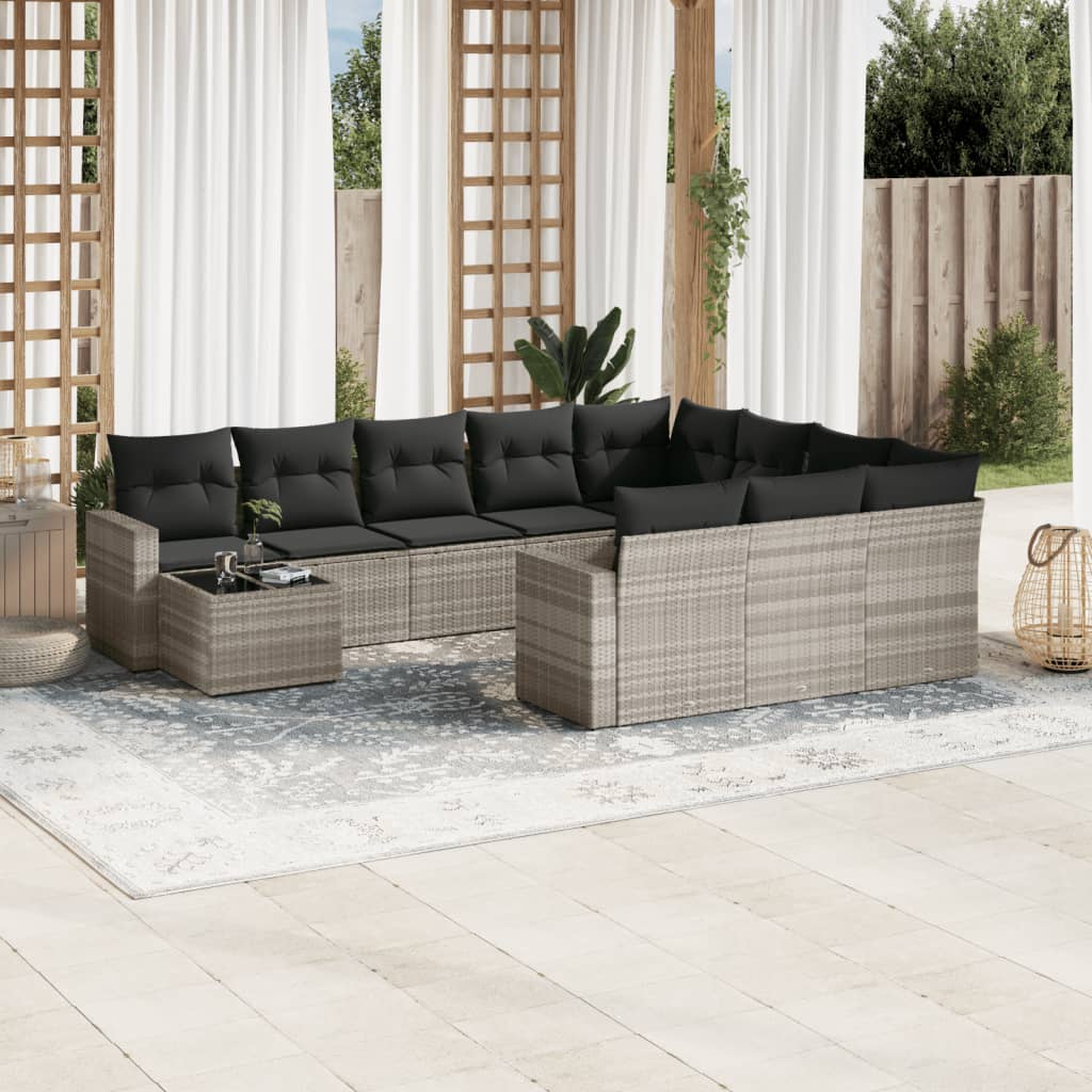 11 Pcs conjunto sofás de jardim c/ almofadões vime PE cinzento