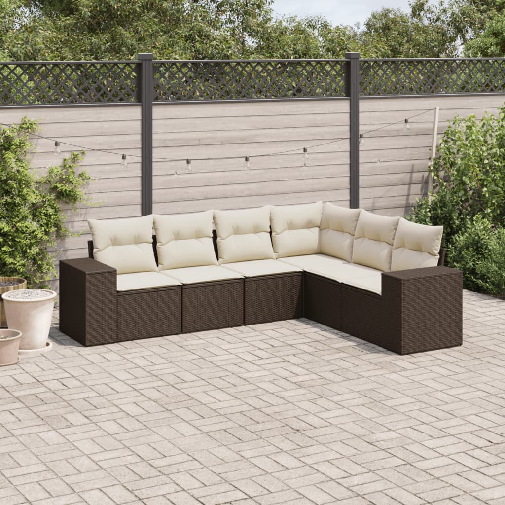 6 Pcs conjunto de sofás jardim c/ almofadões vime PE castanho