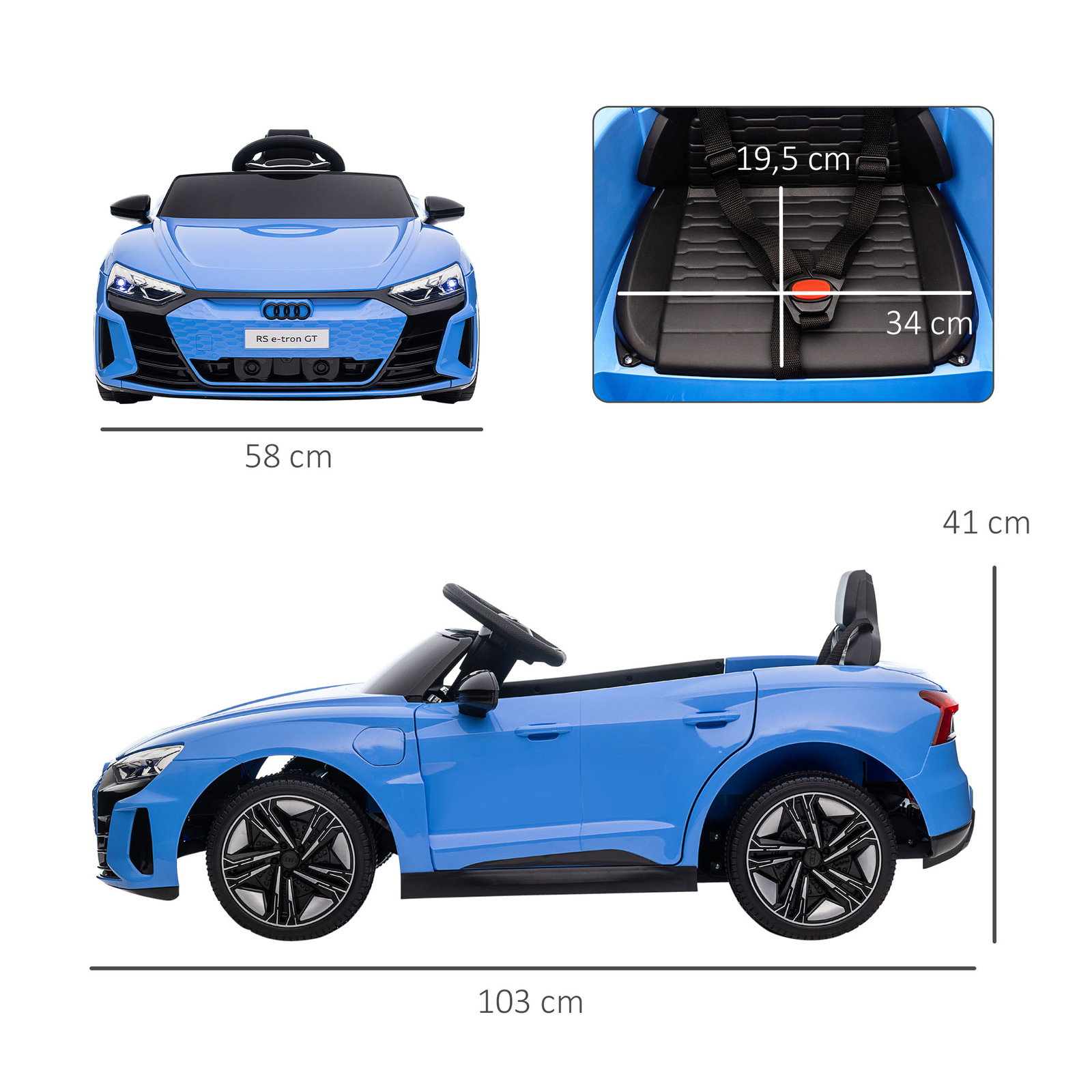 Carro elétrico audi rs e-tron gt 12v com 2 motores controlo remoto faróis LED buzina música USB 3-5km/h 103x58x41cm azul