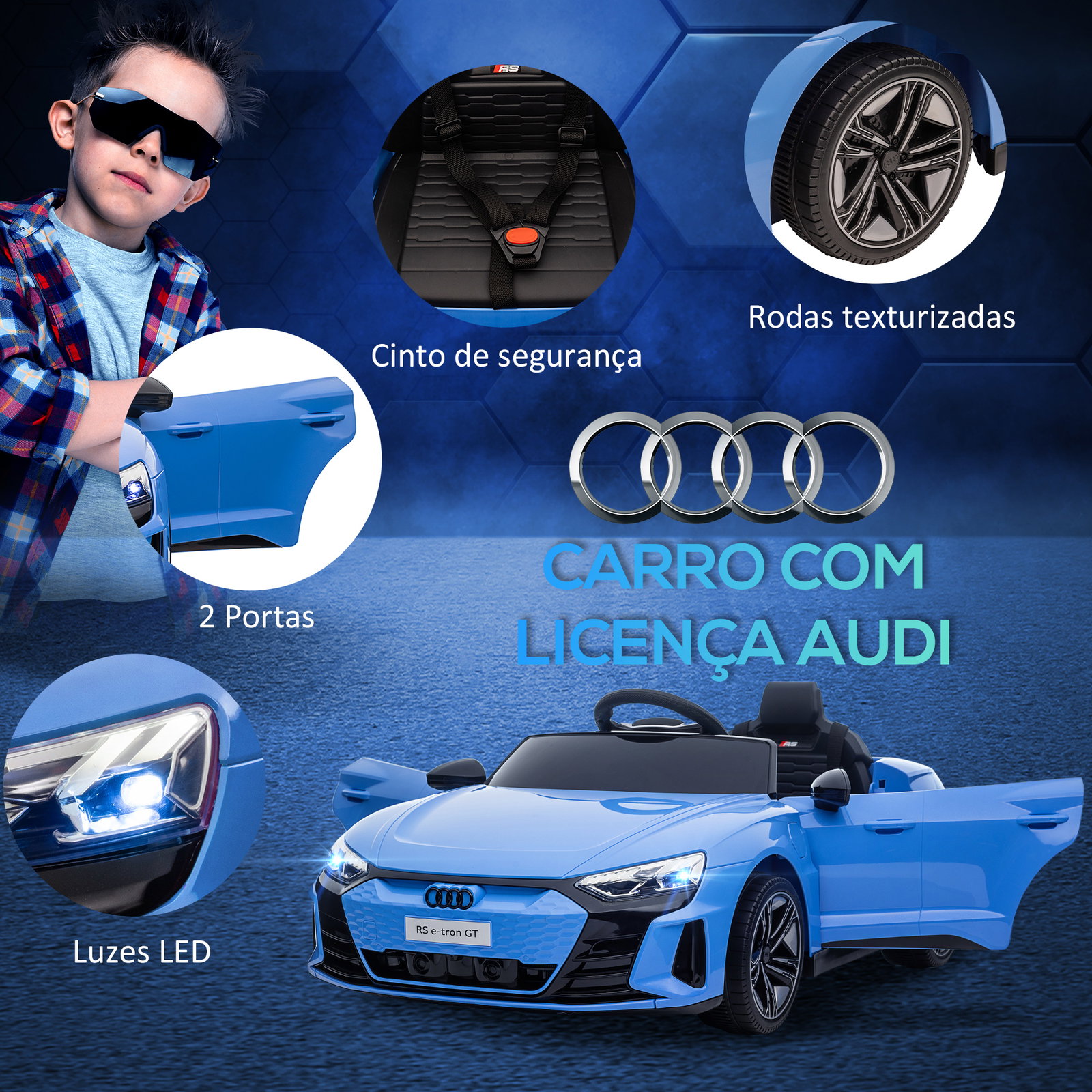 Carro elétrico audi rs e-tron gt 12v com 2 motores controlo remoto faróis LED buzina música USB 3-5km/h 103x58x41cm azul