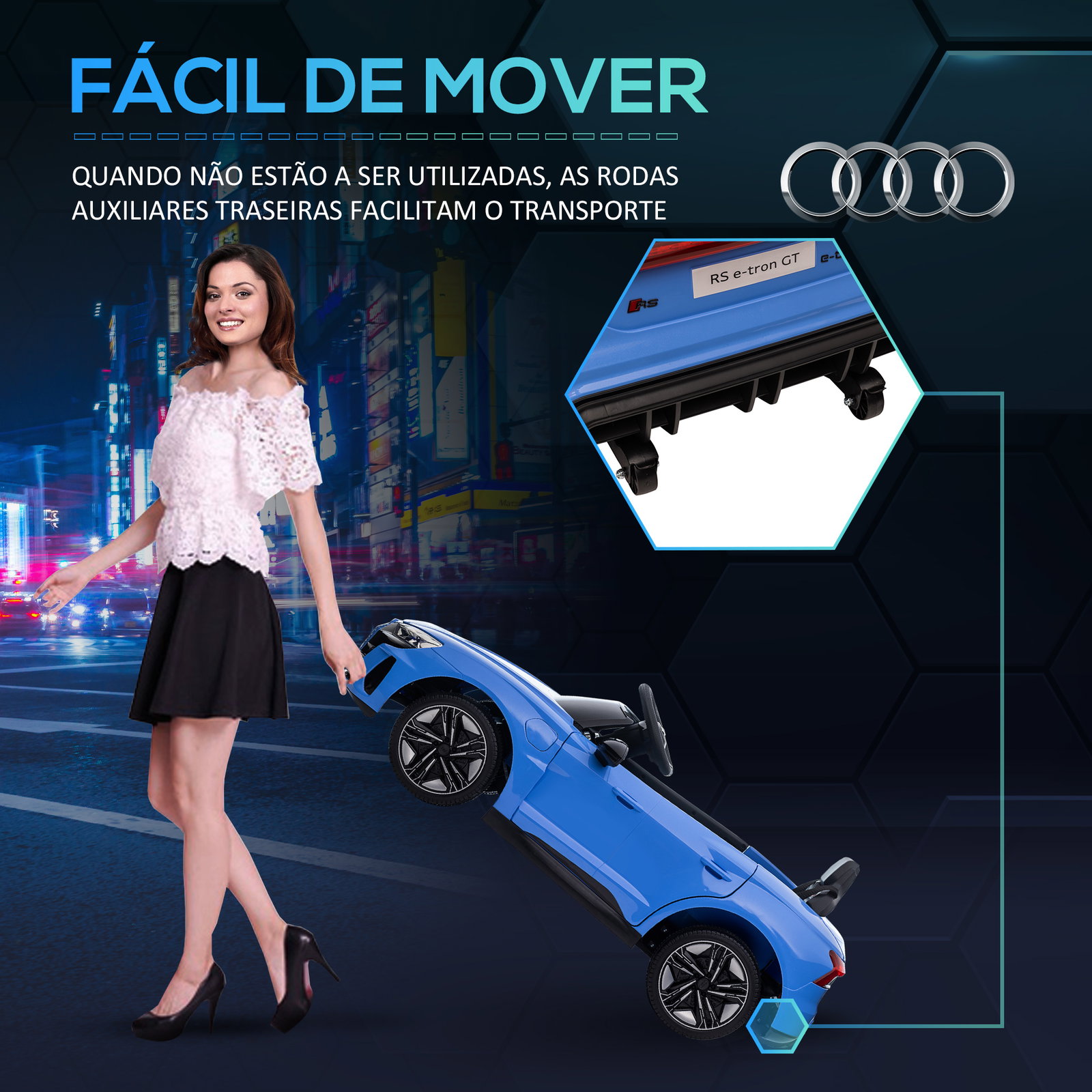 Carro elétrico audi rs e-tron gt 12v com 2 motores controlo remoto faróis LED buzina música USB 3-5km/h 103x58x41cm azul