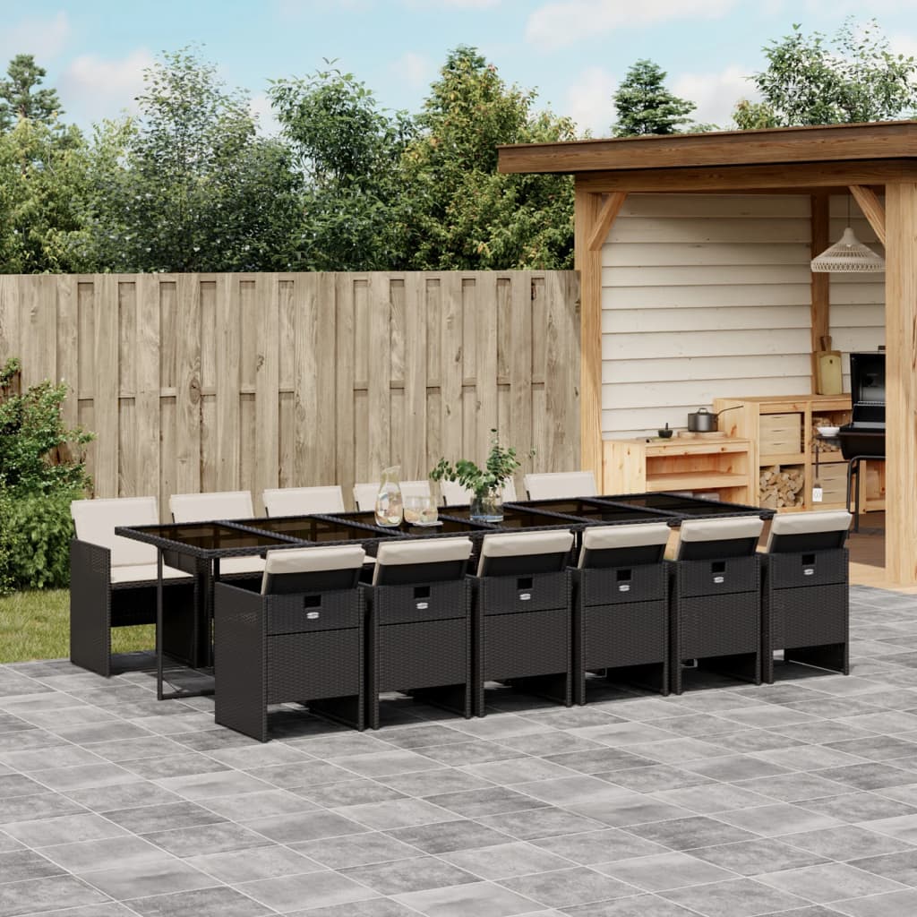 13 Pcs conjunto de jantar p/jardim com almofadões vime PE preto