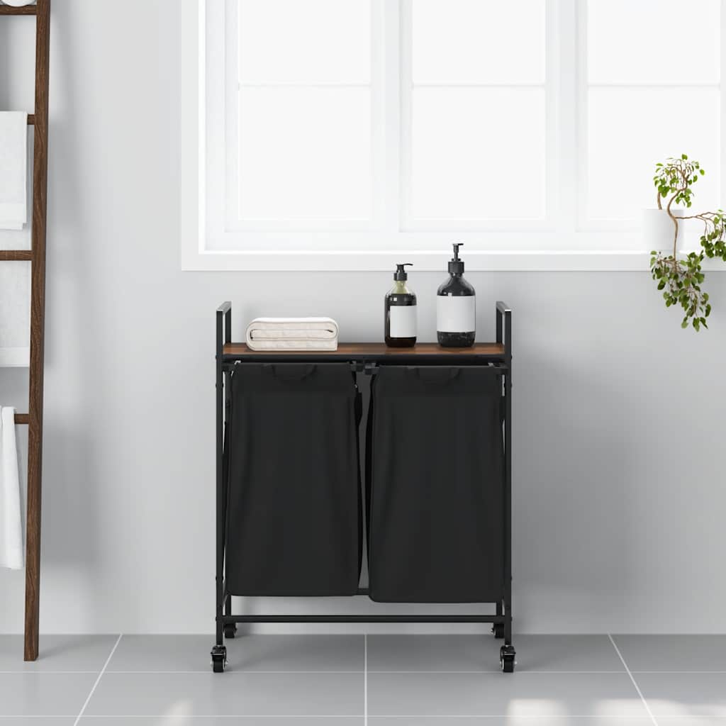 Cesto de roupa suja com 2 compartimentos e rodas, cor carvalho marrom