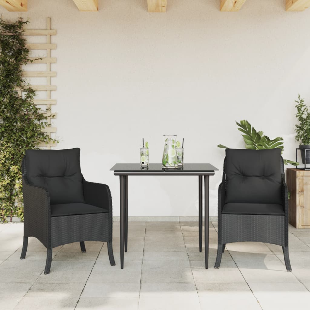 3 Pcs conjunto de jantar p/ jardim c/ almofadões vime PE preto