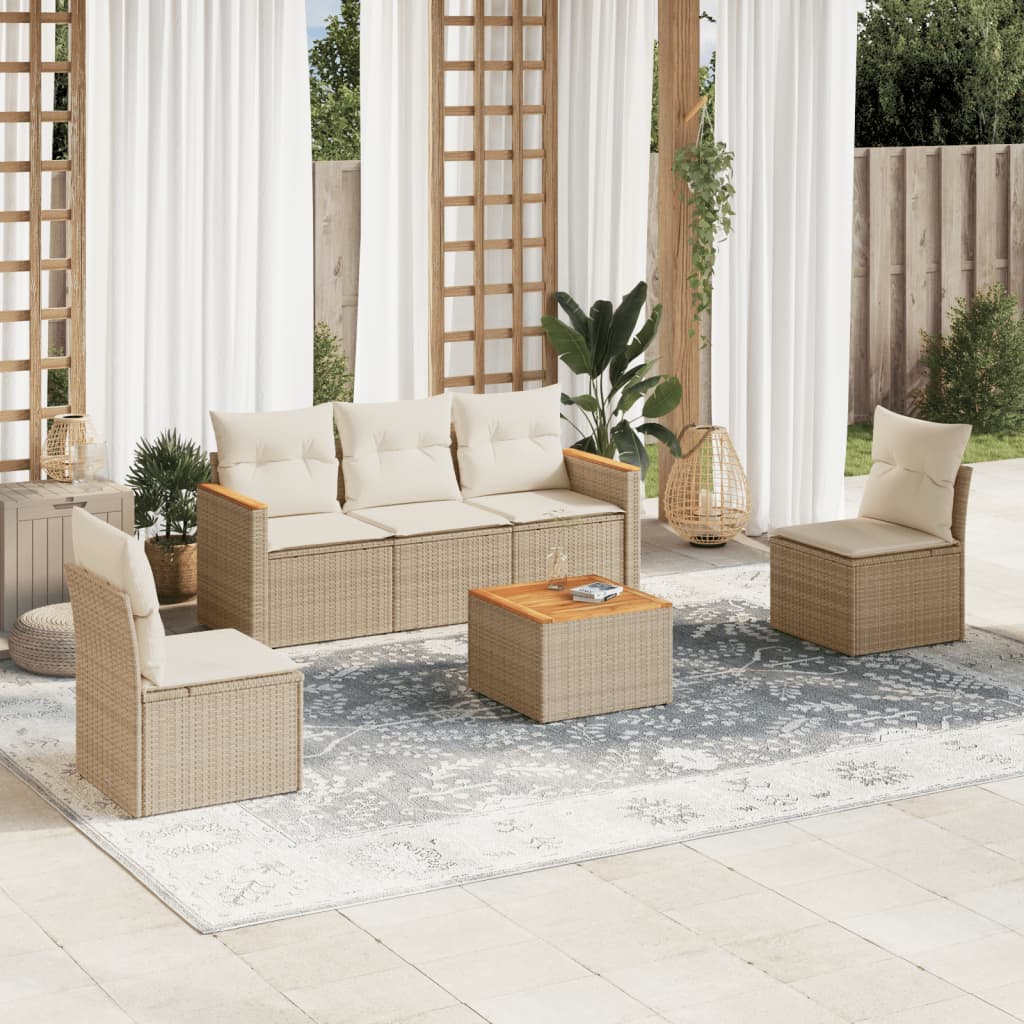 6 Pcs conjunto de sofás p/ jardim com almofadões vime PE bege