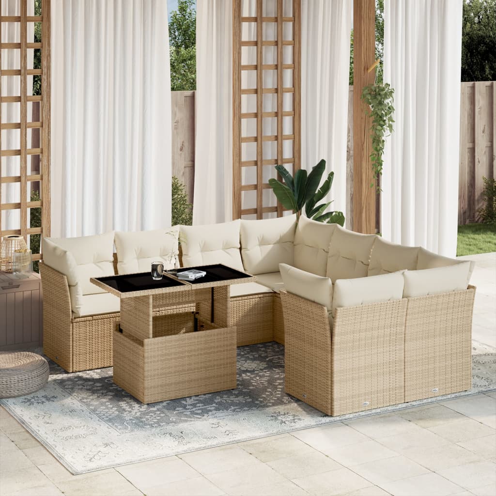 9 Pcs conjunto de sofás p/ jardim com almofadões vime PE bege