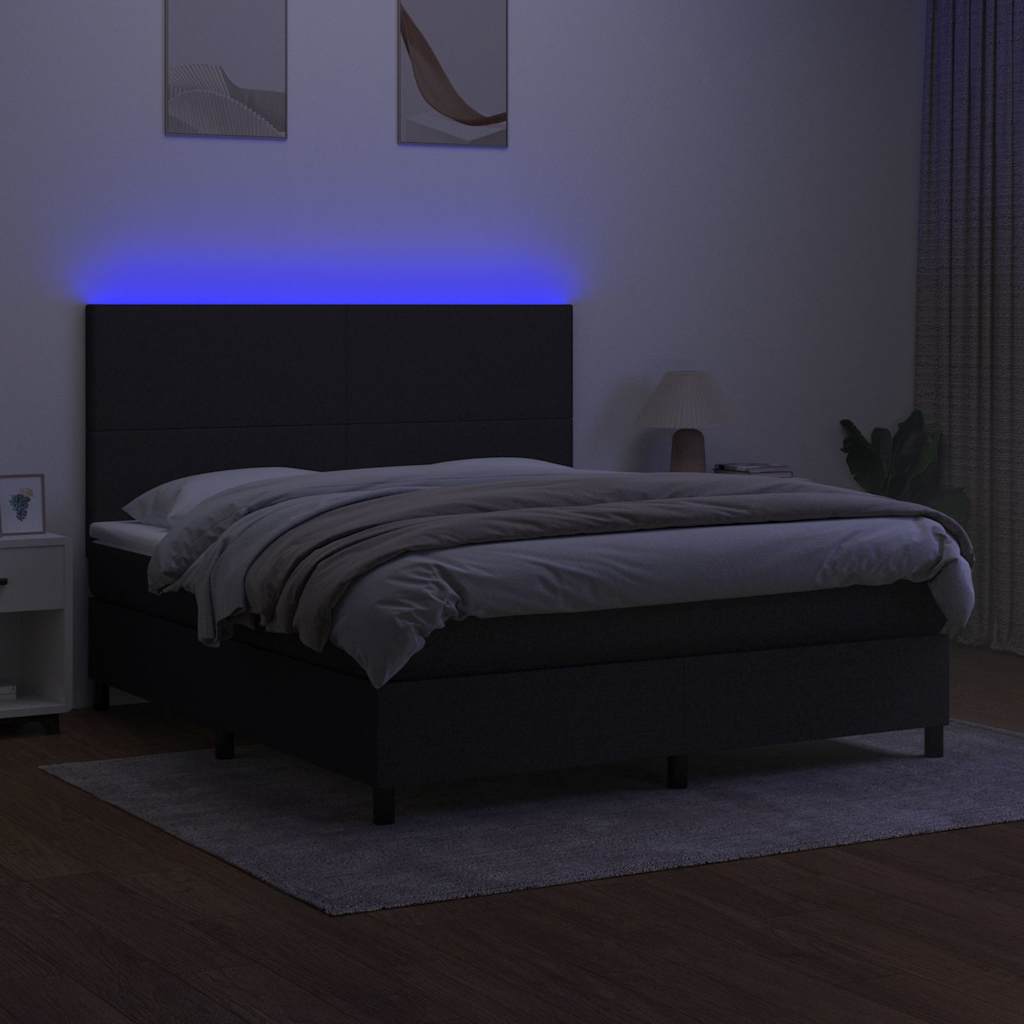 Cama box spring c/ colchão e LED 180x200 cm tecido preto