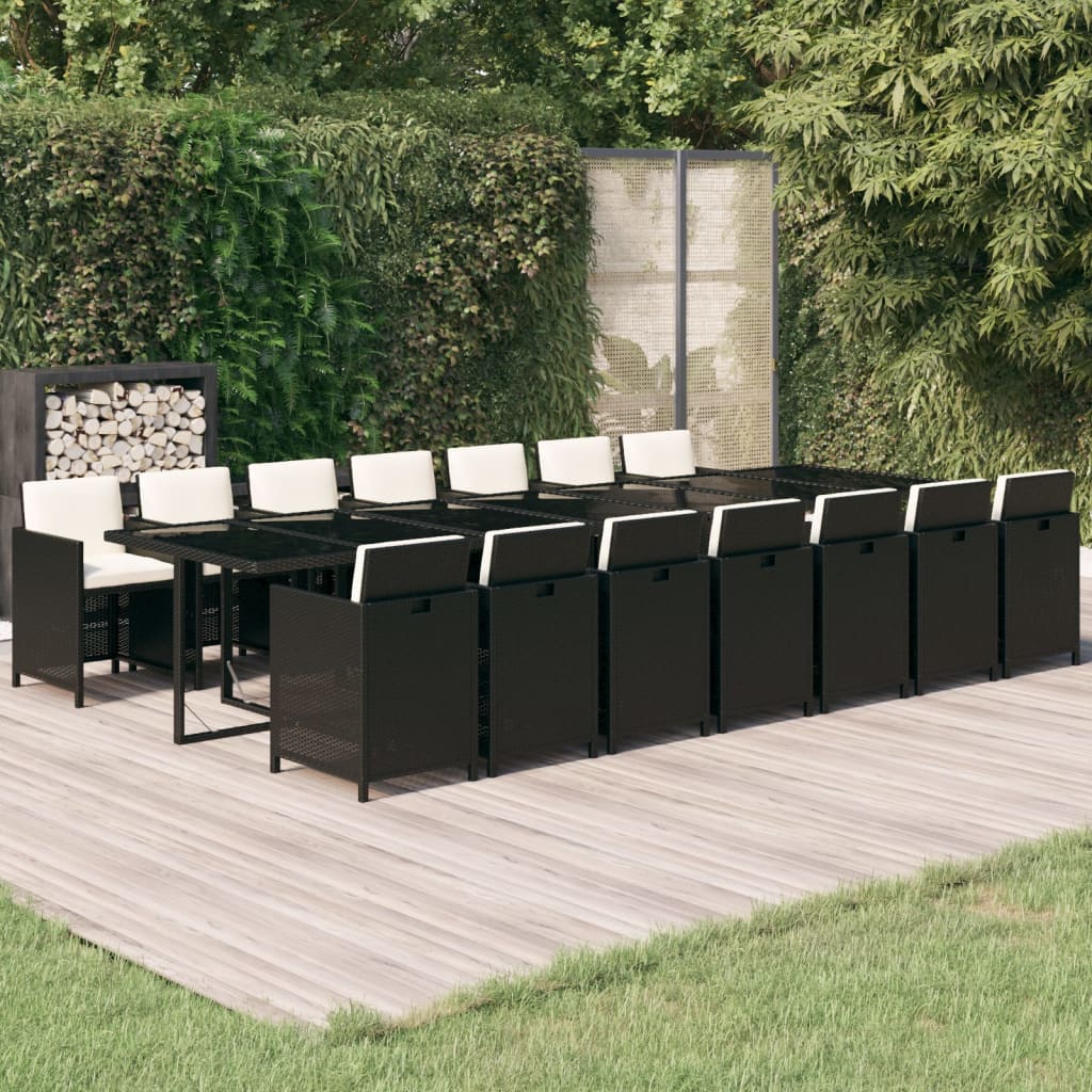 15 Pcs conjunto jantar p/ jardim c/ almofadões vime PE preto