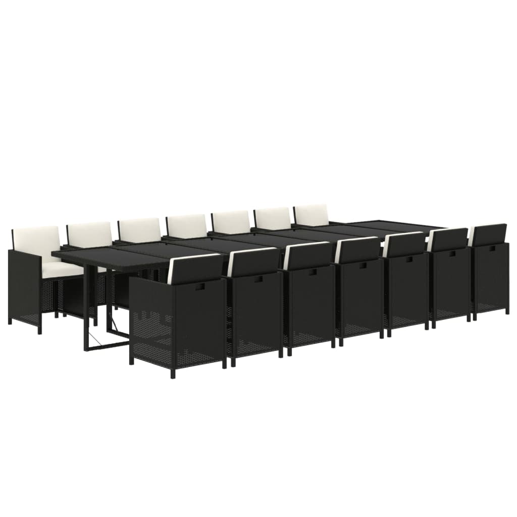 15 Pcs conjunto jantar p/ jardim c/ almofadões vime PE preto