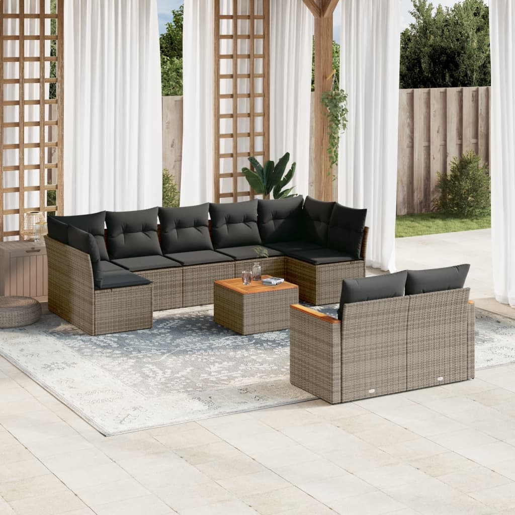 10 Pcs conjunto sofás de jardim c/ almofadões vime PE cinzento