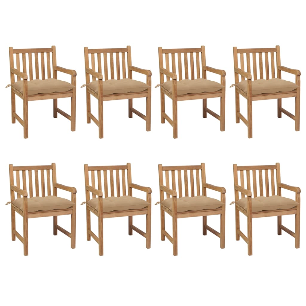 Cadeiras de jardim c/ almofadões bege 8 pcs teca maciça